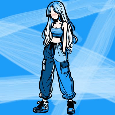 girl in baggy pants crop top and long hair