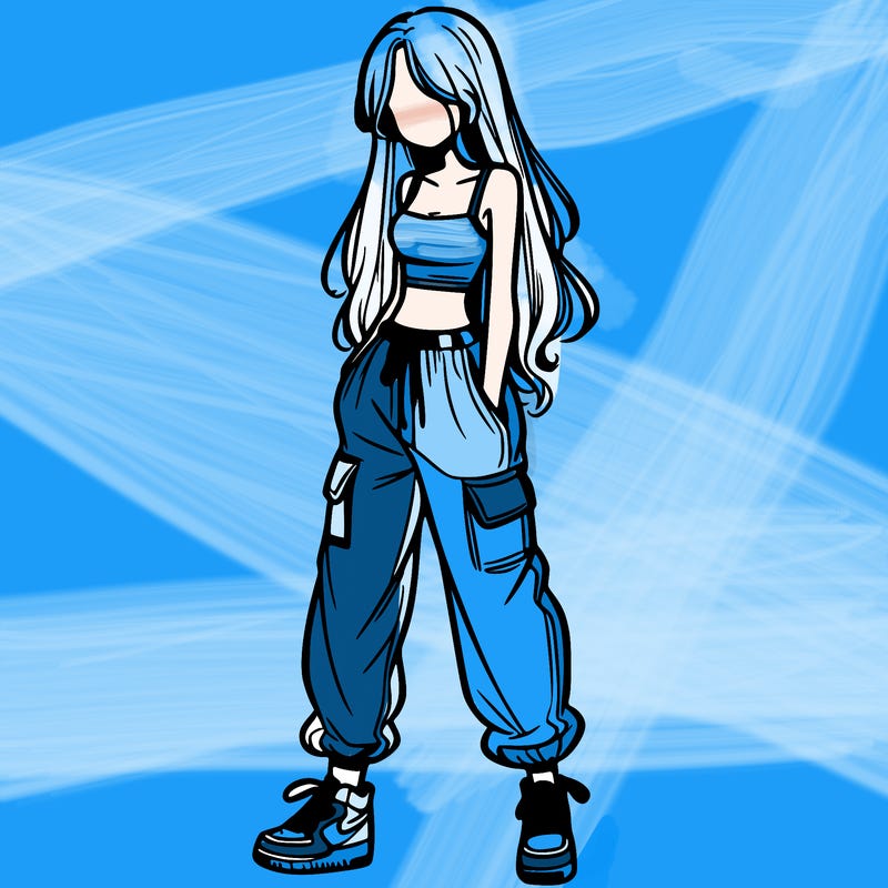 girl in baggy pants crop top and long hair