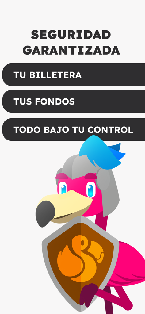 Ibis - Una mascota de flamenco rosa con casco y escudo, que representa la seguridad garantizada para las billeteras y los fondos en la aplicación Ibis.