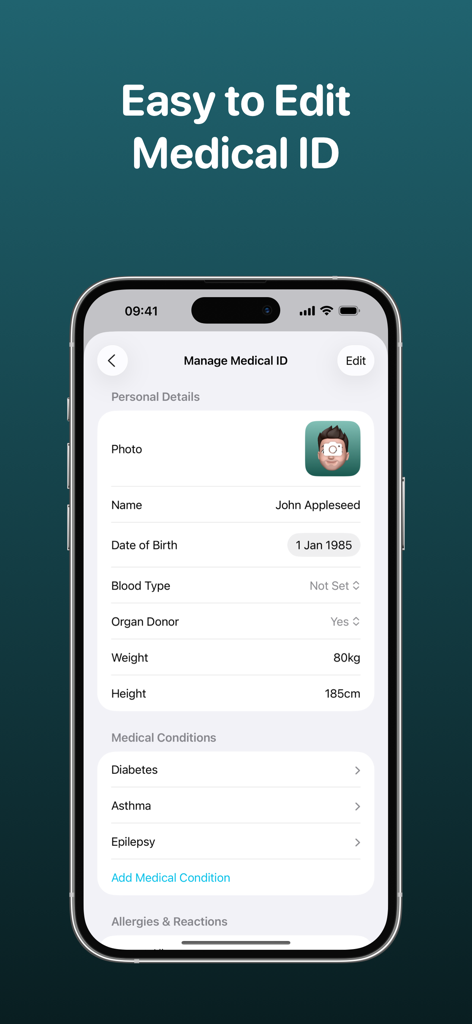 MediWear: Medical ID for Watch - Interface iPhone montrant l'écran de gestion de l'ID médical avec des détails personnels et des conditions médicales comme le diabète et l'asthme