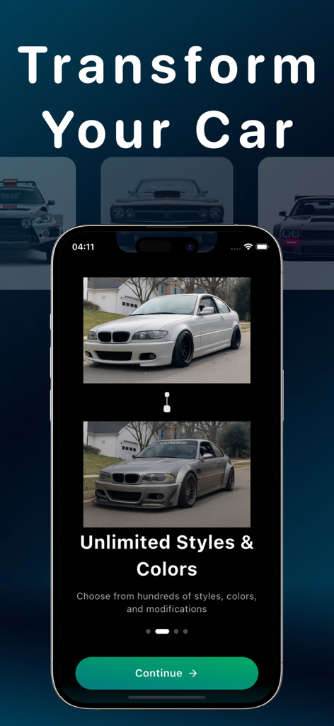 Interfaz de la aplicación que muestra una transformación de modificación de coche de antes y después usando herramientas de diseño de IA.