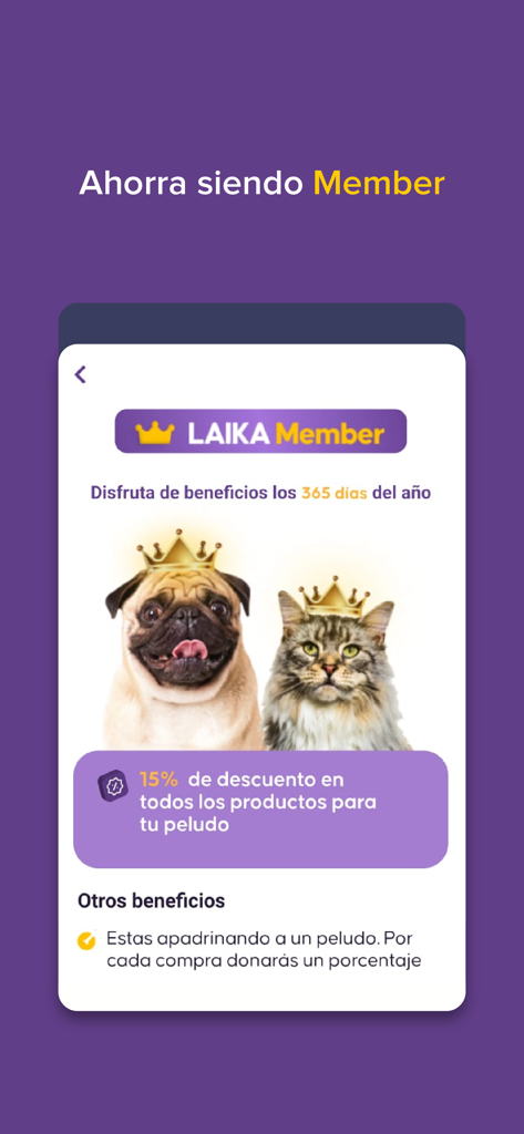 Laika- La tienda de tu mascota - Page d'adhésion à l'application Laika montrant une réduction de 15 % et des avantages pour les propriétaires d'animaux