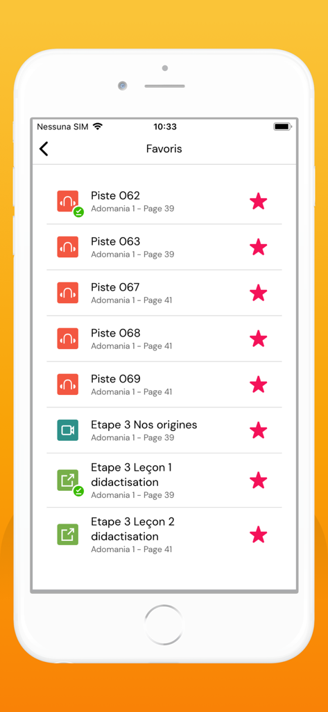 Die Favoriten-Sektion der MEDIA+-App, die eine Liste von gespeicherten Audiotracks und Videoressourcen aus Lehrbüchern anzeigt