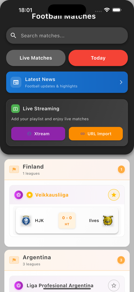 Yacine Tv app home screen showing football live match scores and IPTV streaming options