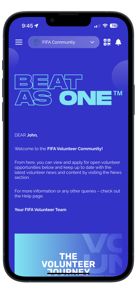 FIFA Volunteer Community - Una pantalla móvil que muestra la página de bienvenida de la Comunidad de Voluntarios de la FIFA con el lema Beat As One.
