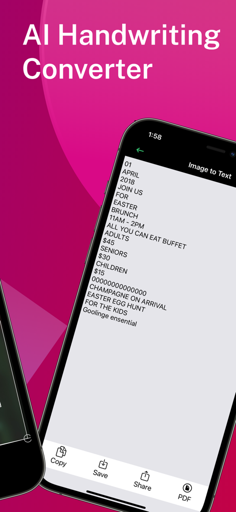 Text Fairy-Batch Image to Text - A smartphone screen showing the AI handwriting converter feature of the Text Fairy app with extracted text from an image.
