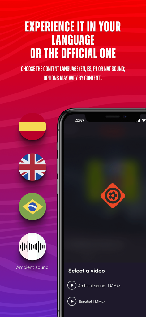 Interface do aplicativo Fanatiz mostrando opções de áudio para espanhol, inglês, português e som ambiente.