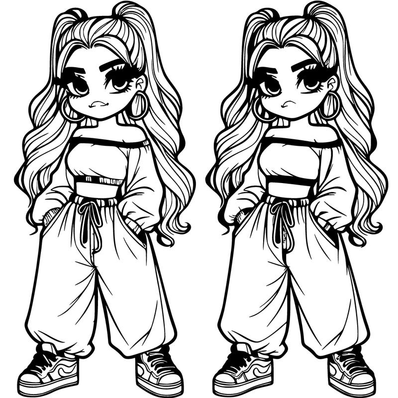 a pretty girl with baggy pants and baggy shirt.