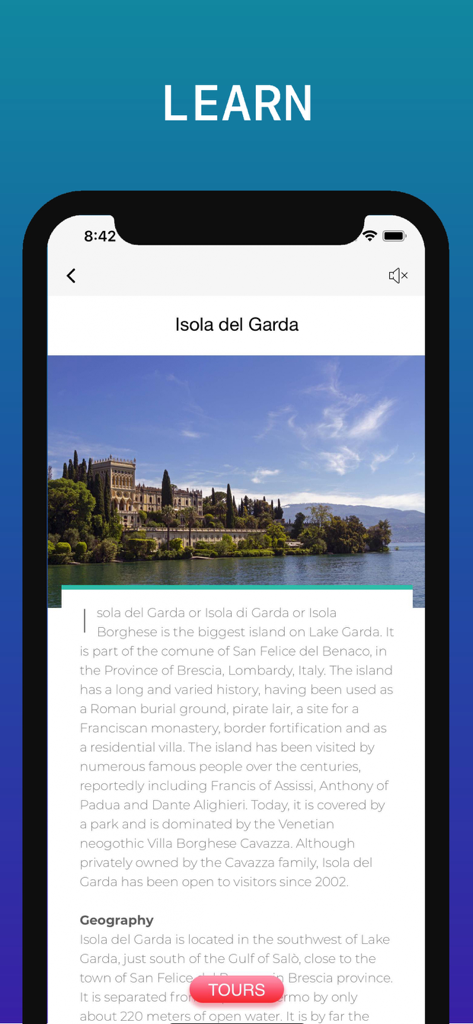 Lake Garda Travel Guide - Historical and geographical information page for Isola del Garda in the Lake Garda Travel Guide app