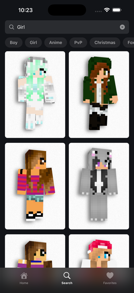 A search page in the Craftkit app displaying several female Minecraft skins in a grid layout.