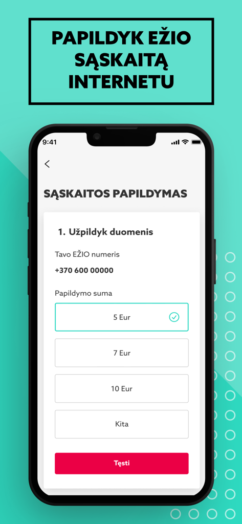 Mano EŽYS - Screenshot of the Mano EZYS app account top-up screen showing different price options for mobile service