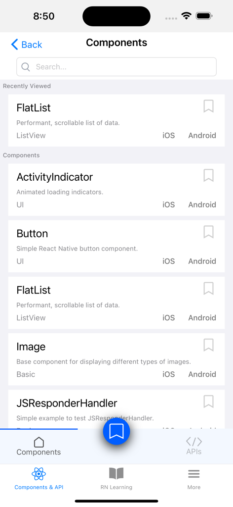 A list of React Native and Expo UI components like FlatList and Button for developers