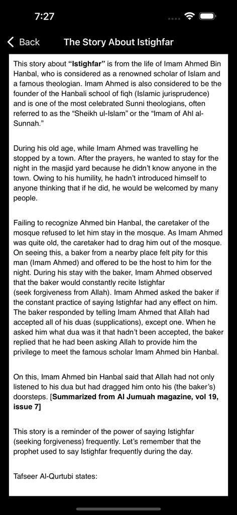 Ein Mobile-App-Bildschirm mit dem Titel Die Geschichte von Istighfar, der Text über Imam Ahmed bin Hanbal zeigt