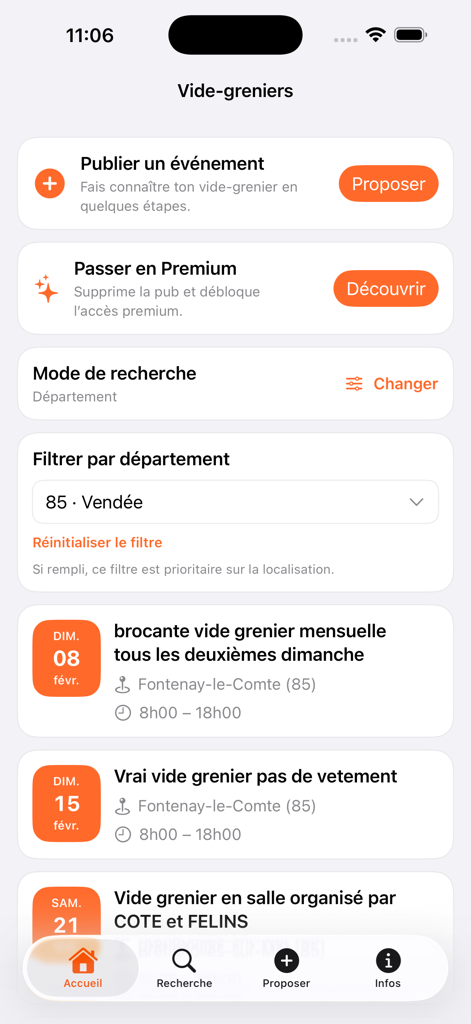 Vide-greniers et brocantes - Home screen of the Vide-greniers app displaying local flea market and garage sale listings in France