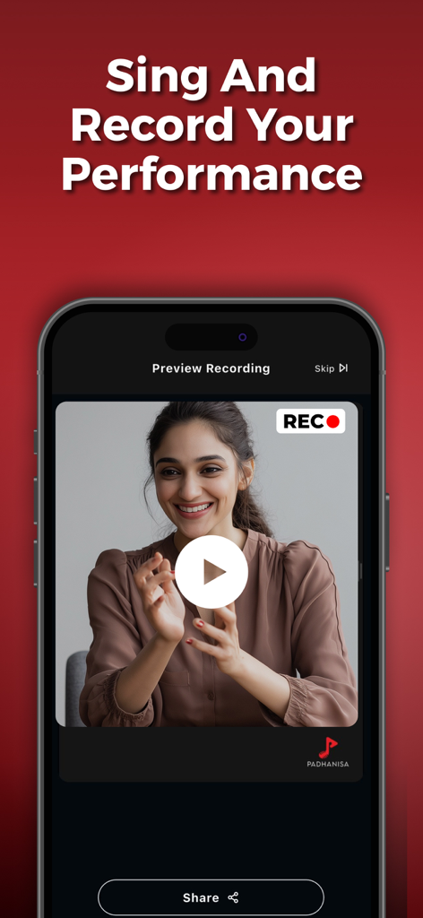 Padhanisa: Learn to Sing Songs - A woman recording her singing performance on the Padhanisa mobile app interface