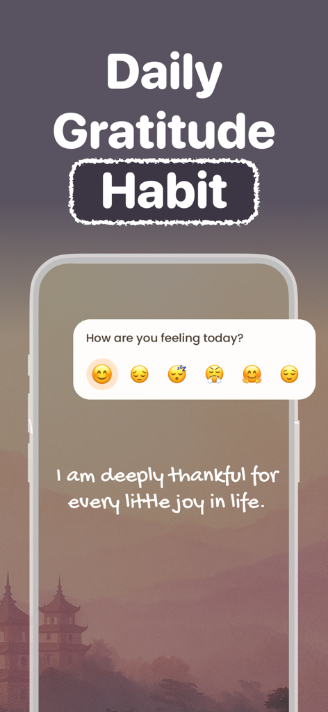 Interfaz de la app EvolveMe ADHD Organizer para rastrear hábitos diarios de gratitud y estado de ánimo