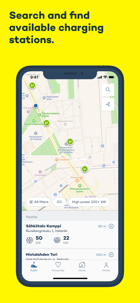 Virta app interface displaying a map with available EV charging stations and power filters