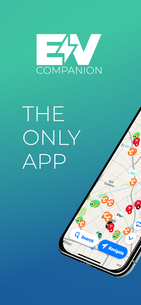 EV Companion App zeigt eine Karte von E-Ladestationen mit Navigationsschaltflächen.