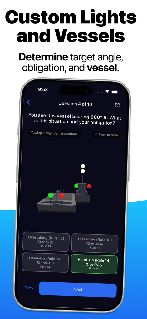 Neptune: Navigation Rules - Neptune app screen showing a 3D vessel lights and shapes quiz for maritime navigation rule training