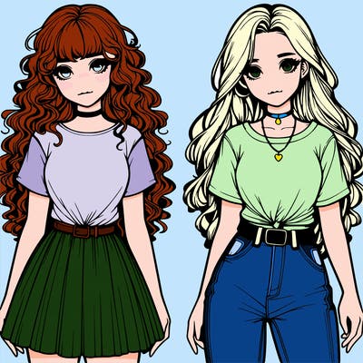 two realistic girls one in a t-shirt and a skirt one in t-shirtand jeans both with long curly hair