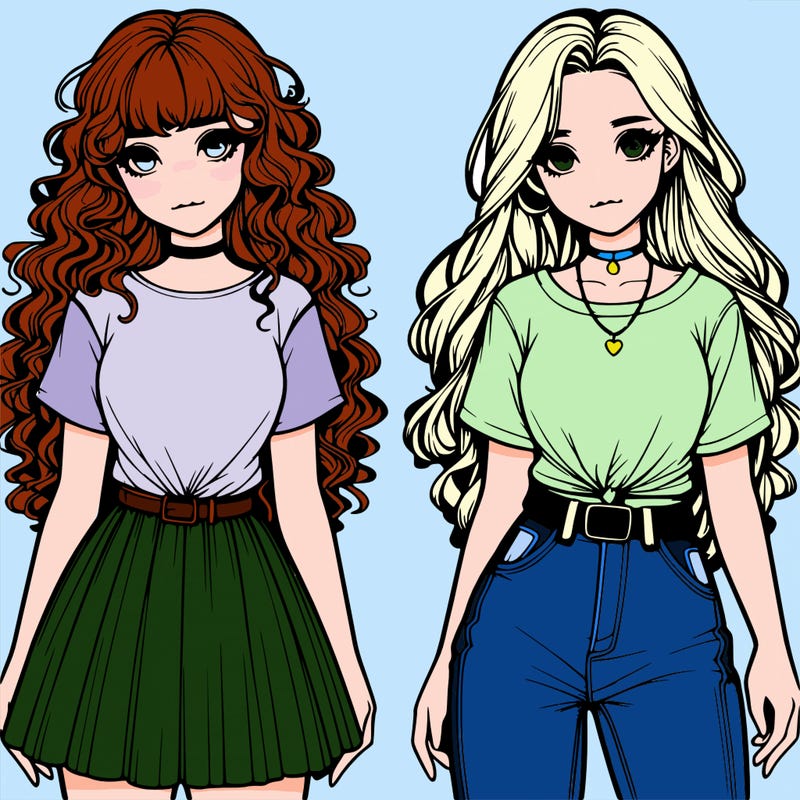 two realistic girls one in a t-shirt and a skirt one in t-shirtand jeans both with long curly hair