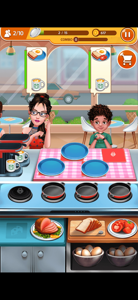 Cooking Chef - Food Fever - Une capture d'écran du gameplay de Cooking Chef Food Fever montrant une cuisine de restaurant où les clients commandent des repas de petit-déjeuner comme des œufs et du pain grillé.