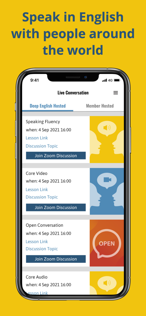Deep English Learning - Deep English app interface showing live conversation sessions and buttons to join Zoom discussions for speaking practice