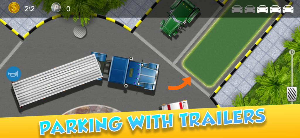Top down gameplay showing a blue semi truck with a trailer parking in a green spot