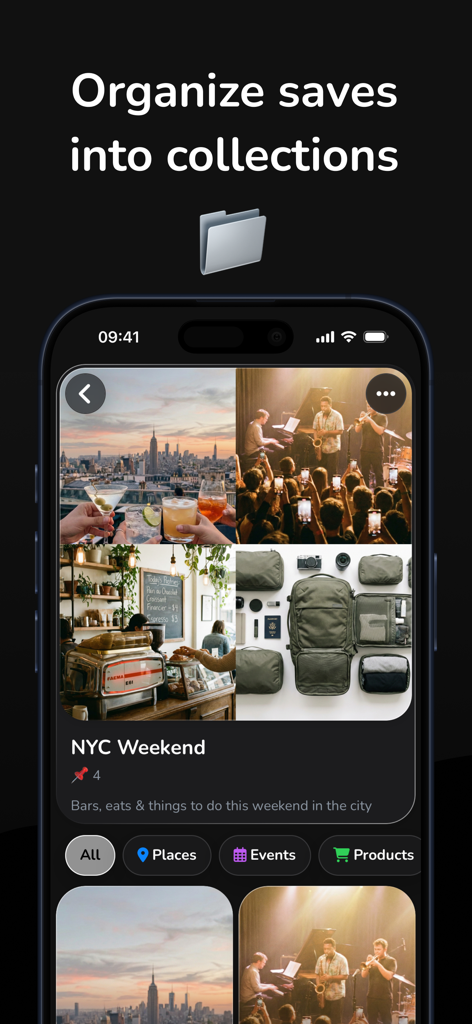 Pinio: Pin & Organize - Interface do aplicativo Pinio mostrando uma coleção curada de Fim de Semana em NYC com fotos de locais da cidade e equipamentos de viagem