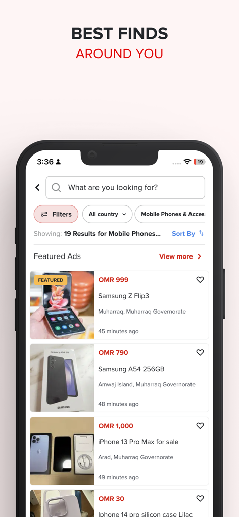 dubizzle Oman - OLX Oman - A list of featured mobile phone ads on the dubizzle Oman marketplace app showing prices and locations