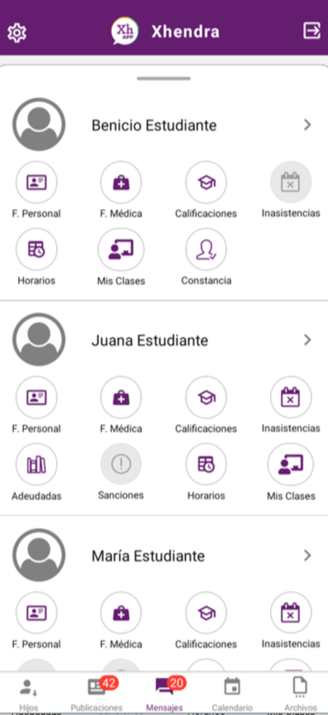 Interface of the Xhendra app displaying student profiles with school management icons for parents