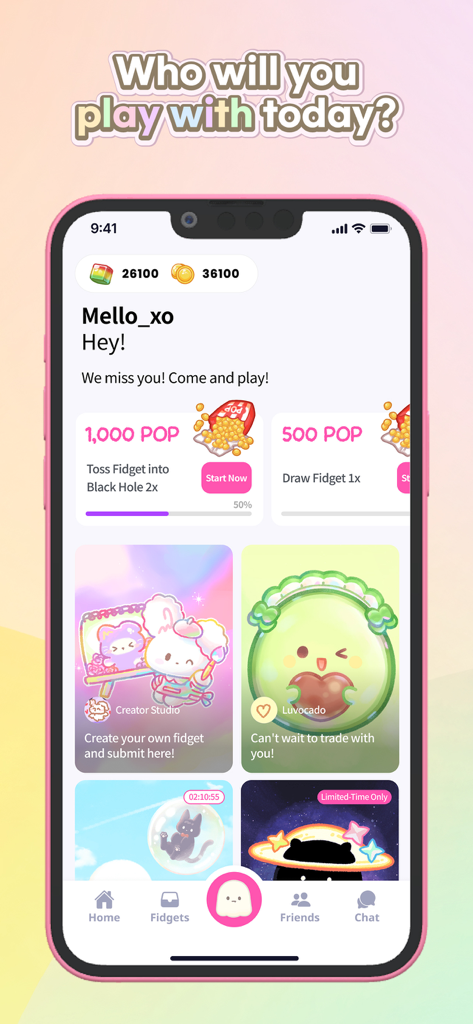 Home screen of Fidget Town app featuring rewards creator studio and cute fidget characters