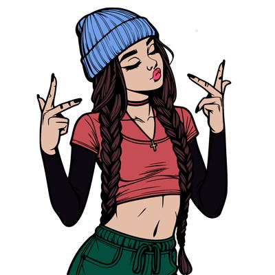 realistic teenage girl with braids and a beanie and crop top doing 🫶🏼