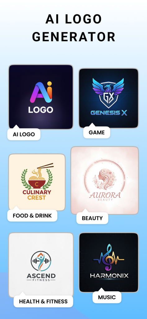 Interface du générateur de logos IA LightX montrant des modèles pour les catégories jeux, nourriture, beauté et fitness