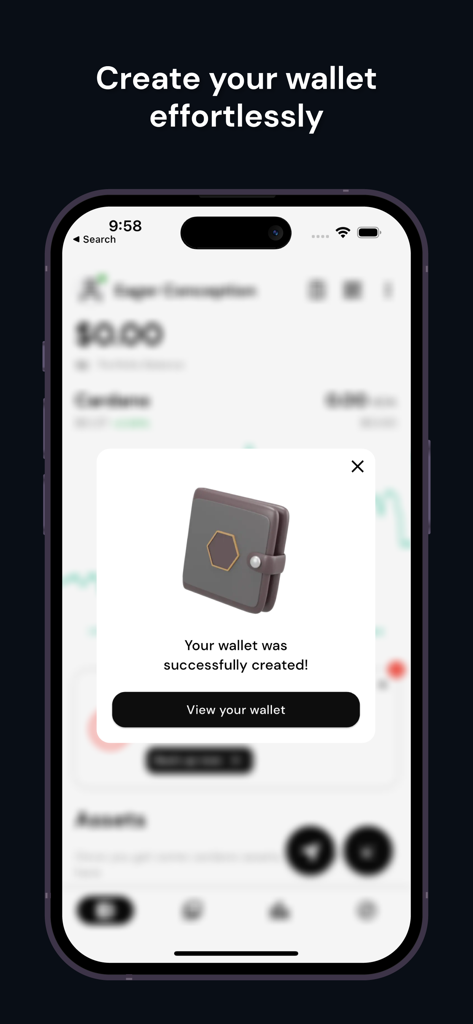 VESPR: Cardano Wallet - A smartphone showing a successful wallet creation message in the VESPR Cardano Wallet app.