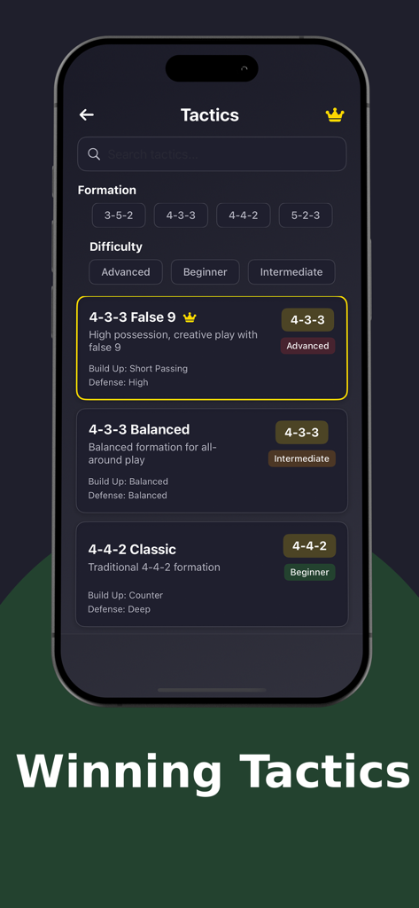 FC26 Pro Tactics and Skills - Interfaz de la aplicación Tácticas Pro de FC26 mostrando formaciones de fútbol y estrategias tácticas como 4-3-3 Falso 9 y 4-4-2 Clásico.