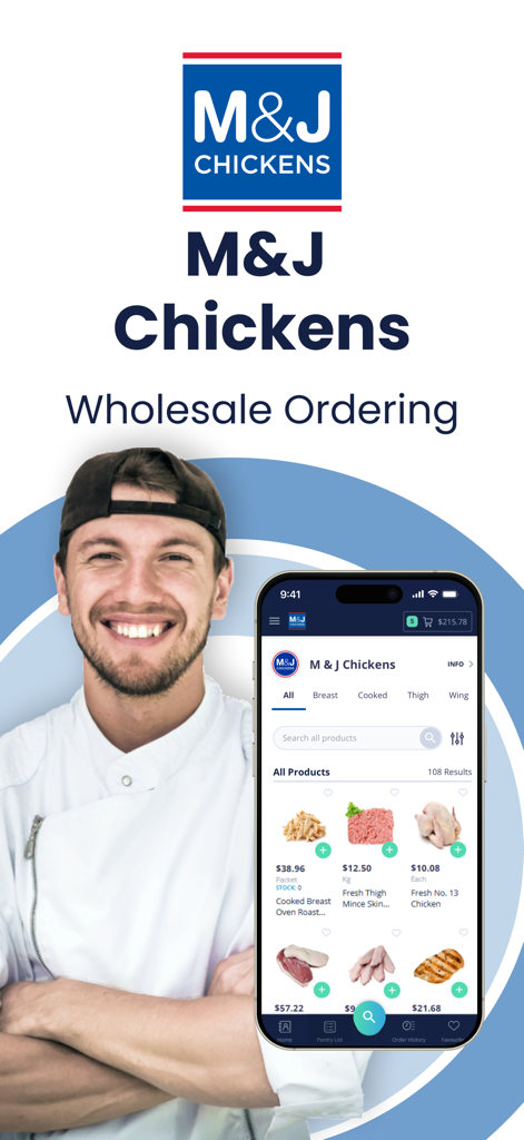 M&J Chickens - Chef holding a phone with the MJ Chickens wholesale poultry ordering app interface