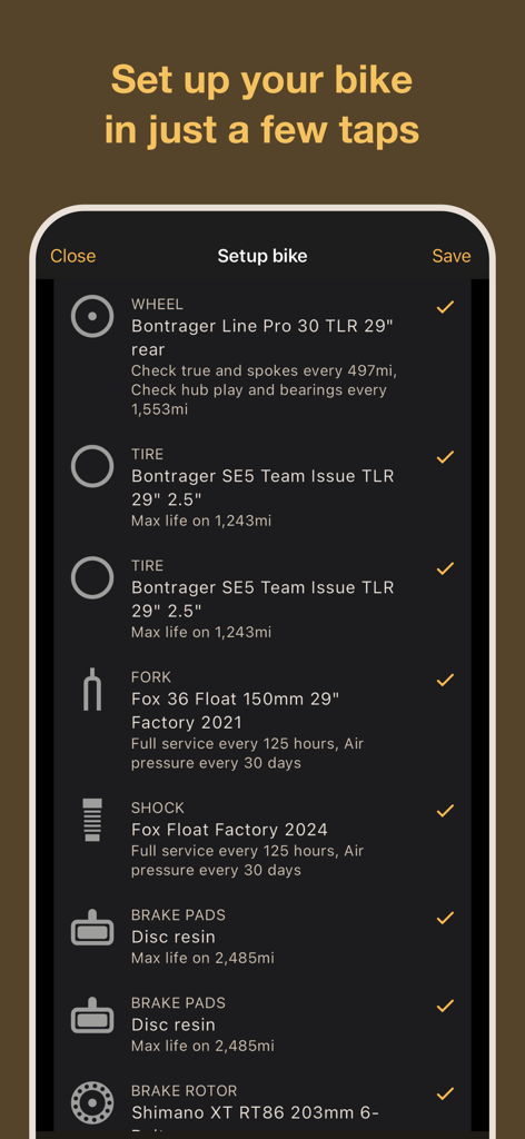 ProBikeGarage: Bicycle tracker - Bicycle component setup screen in the ProBikeGarage app showing a list of parts like wheels tires and suspension
