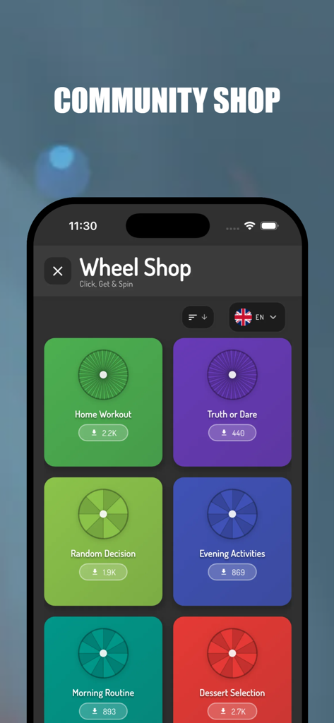 Spin The Wheel - Random choice - Pantalla de la tienda de la comunidad de la aplicación Gira la Ruleta mostrando varias ruletas de decisiones prehechas como "entrenamiento en casa" y "verdad o reto".