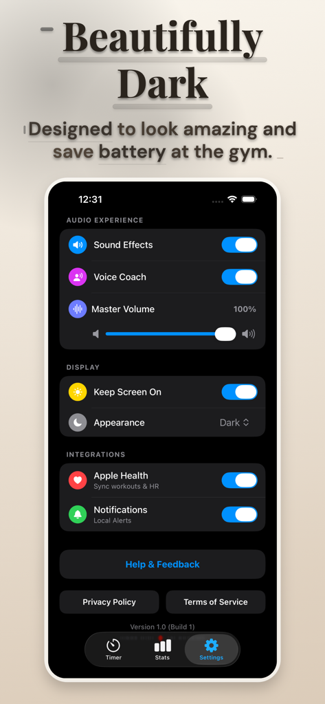 Interval Timer: Tabata Timer - Pantalla de configuración de la aplicación Interval Timer mostrando la apariencia del modo oscuro, controles de audio e integración con Apple Health.