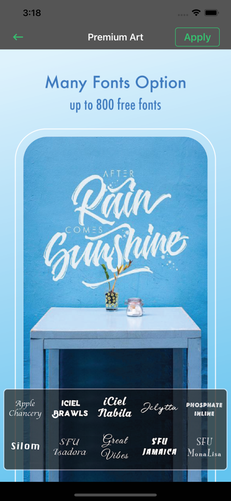 Word Swag-Text with Cool Fonts - Word Swag app interface showing various typography font options for an inspirational quote on a blue background