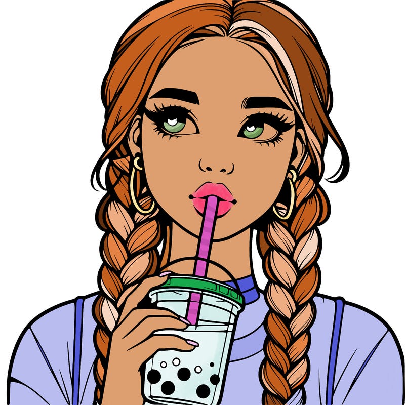 realistic girl with braided hair drinking boba