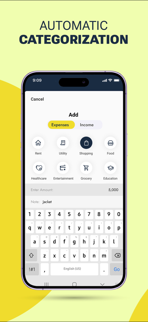 Monify app interface showing automatic expense categorization with icons for shopping food and rent