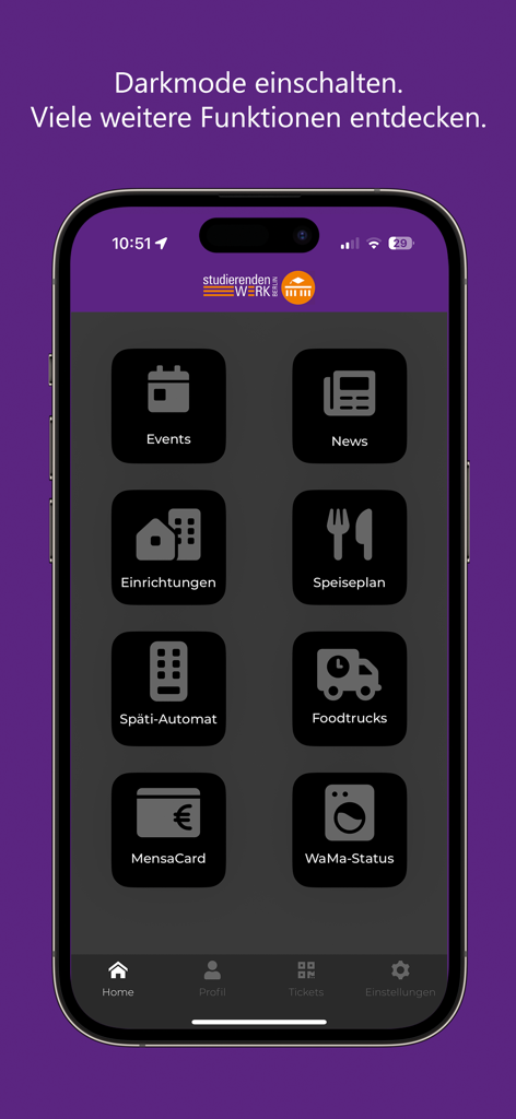 Startbildschirm der studierendenWERK BERLIN Mobile App mit verschiedenen Symbolen für studentische Dienstleistungen im Dark-Mode.