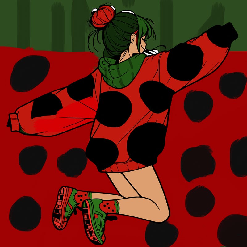 realistic girl jumping with a bun and oversized sweatshirt