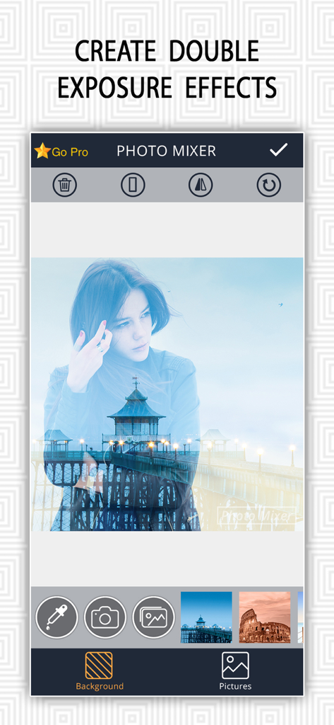 A mobile app interface displaying a double exposure photo effect of a woman blended with a pier landscape