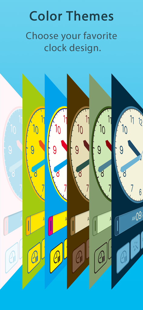 Learning Clock Timer - Exhibición de diferentes diseños de reloj coloridos y opciones de temas