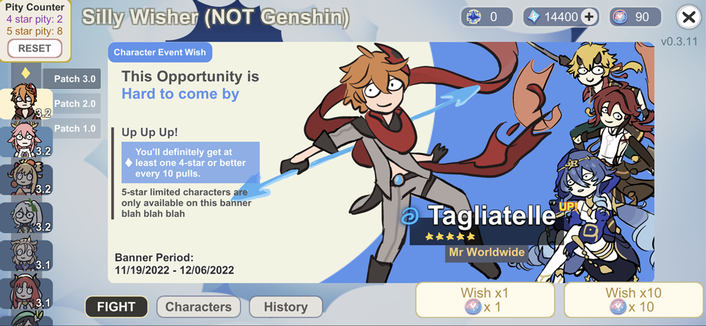 Silly Wisher - A parody gacha banner in the Silly Wisher app showing meme style character art and wish buttons