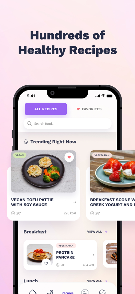 Nüli - Home & Gym Workouts - Interface of the Nuli app showing healthy recipes for women including vegan tofu patties and protein pancakes