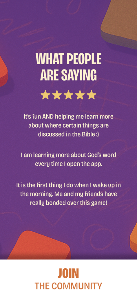 Versle | Daily Bible Game - Calificaciones de cinco estrellas y testimonios de usuarios para la aplicación Versle Daily Bible Game que muestran comentarios positivos de la comunidad.